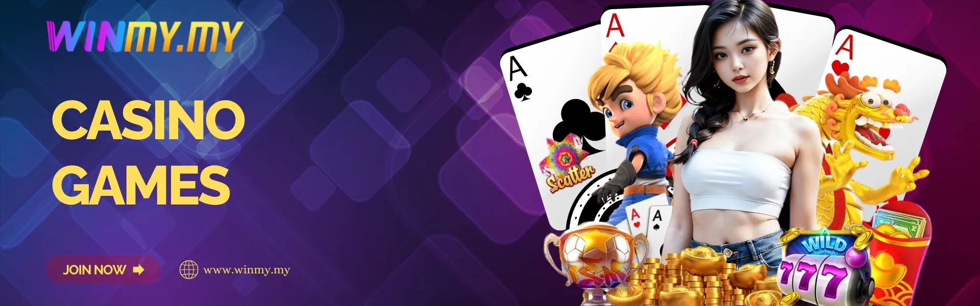 WinMy Malaysia casino games banner featuring a female model, playing cards, cartoon characters, gold coins, and slot machine icons.