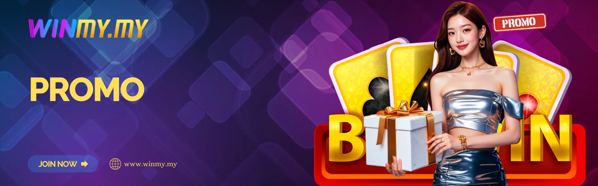 Winmy Malaysia promo banner featuring a woman holding a gift box with colorful cards and bold promotional text.